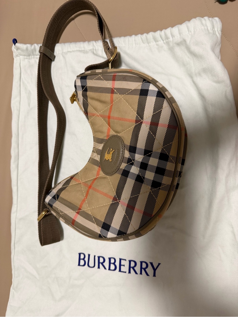 Burberry Beige Plaid Crescent Crossbody with Brown Strap